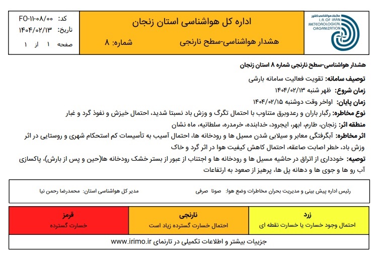 هشدار هواشناسی سطح نارنجی شماره 8